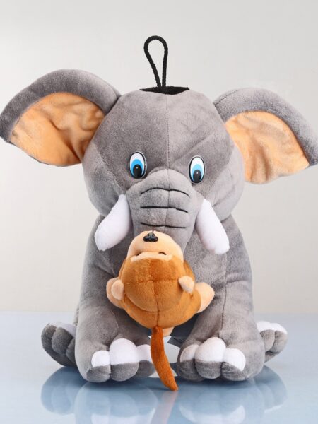 Babyhug Baby Elephant Soft Toy with Attached Monkey - Height 30 cm