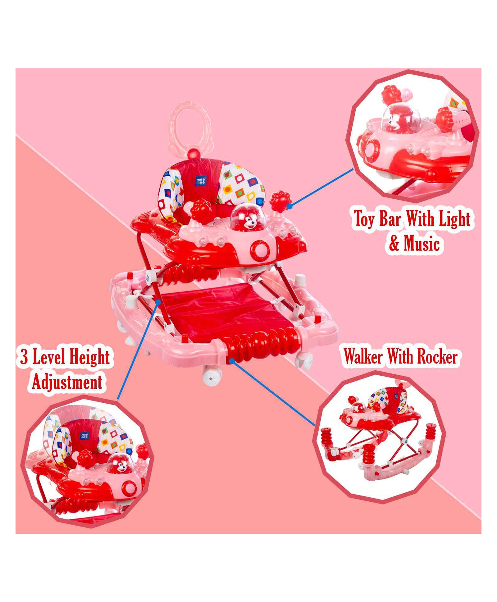 Premium 3 in 1 Walker with Rocker And Parent Push Handle - Pink - Image 3