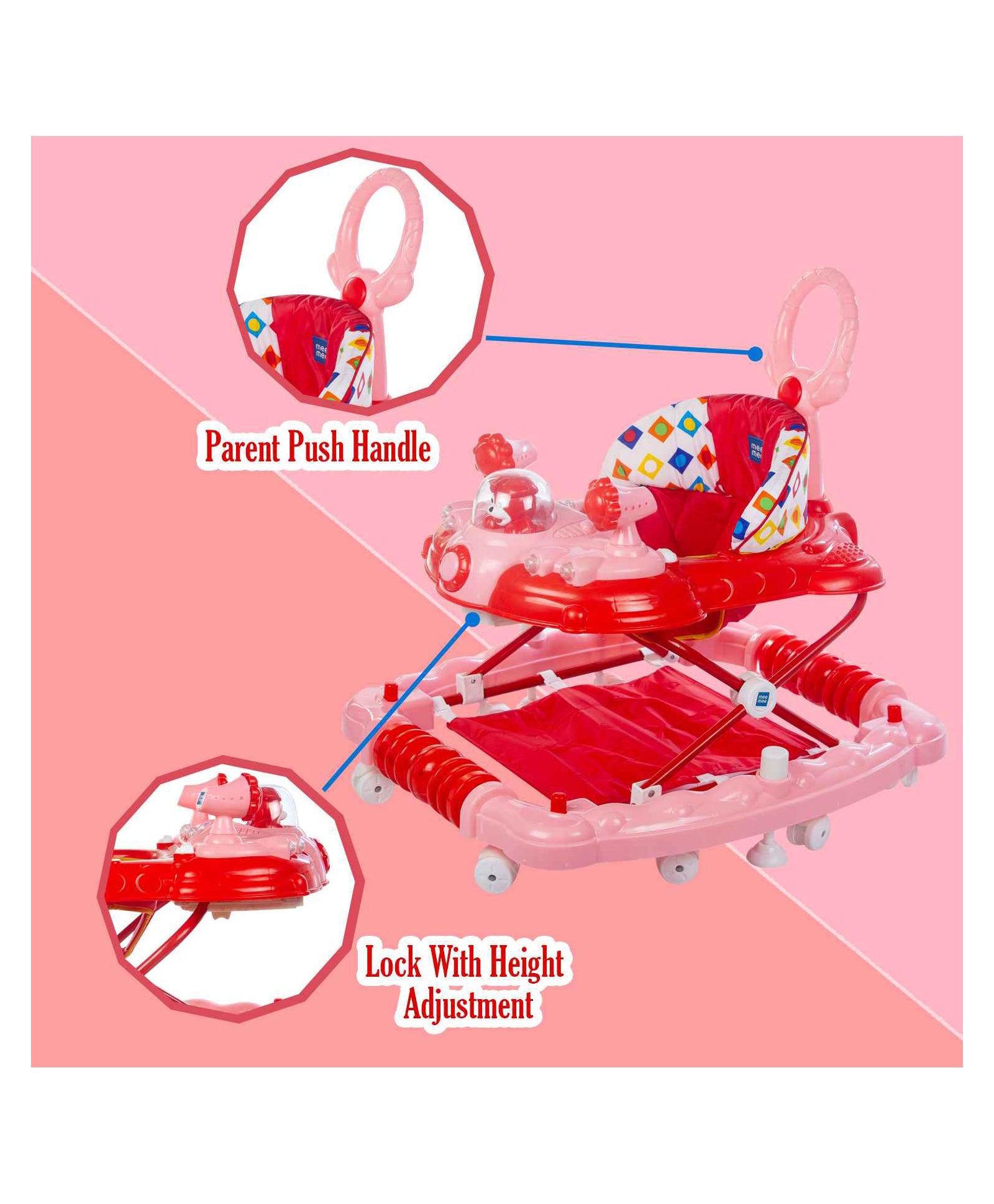 Premium 3 in 1 Walker with Rocker And Parent Push Handle - Pink - Image 5