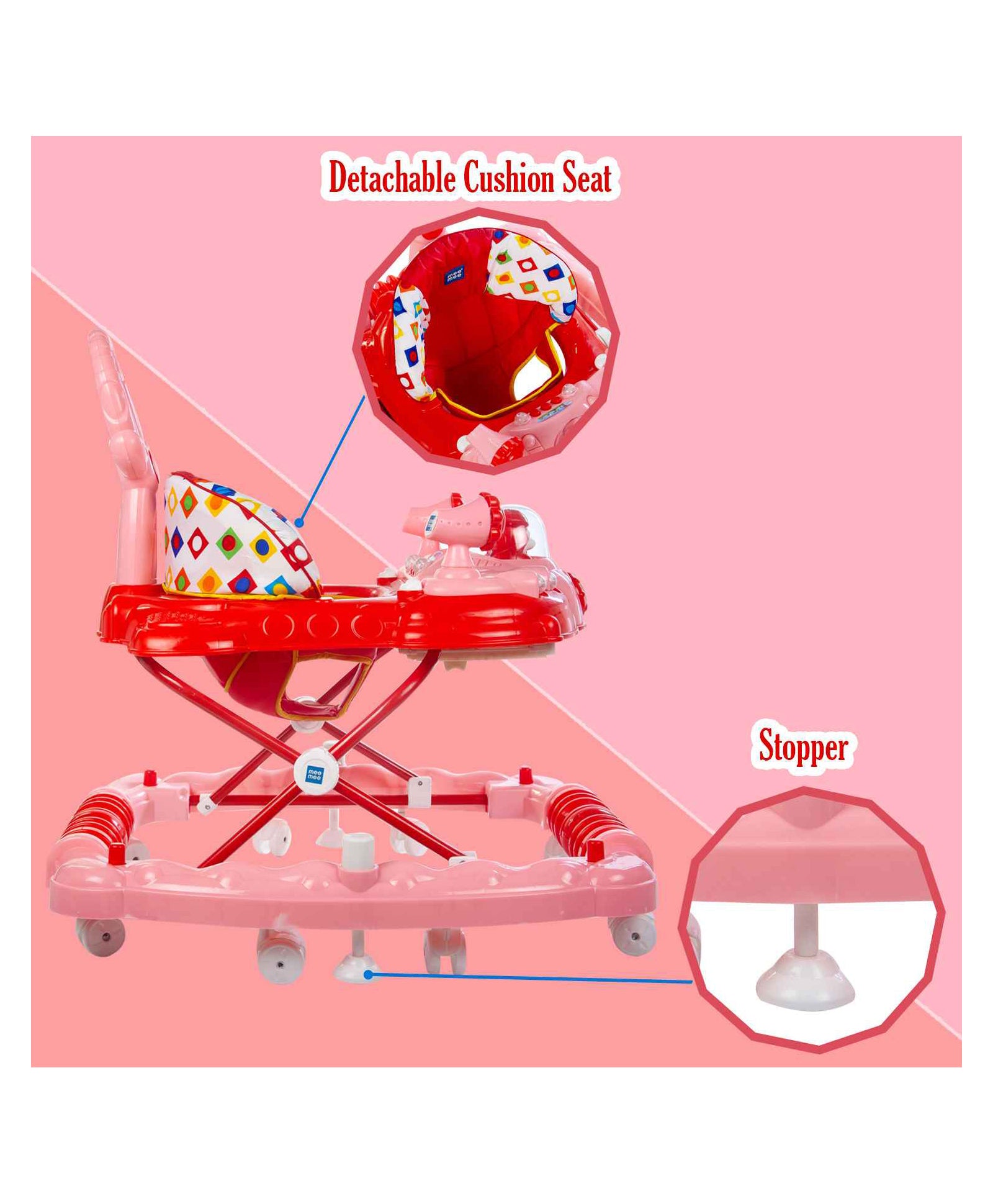 Premium 3 in 1 Walker with Rocker And Parent Push Handle - Pink