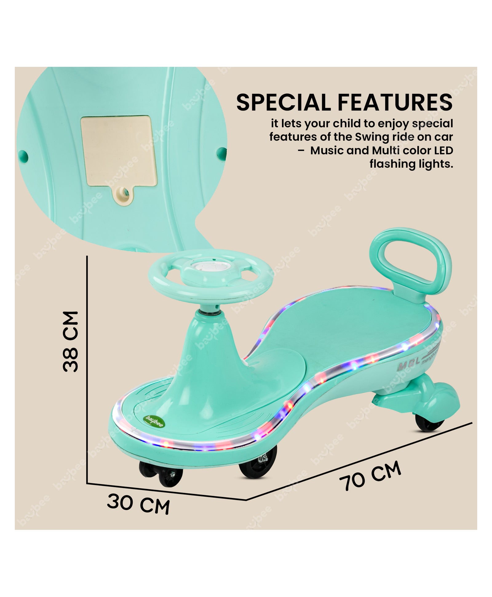 Magic Ride On Swing Cars With PP Wheels & Music - Green - Image 3