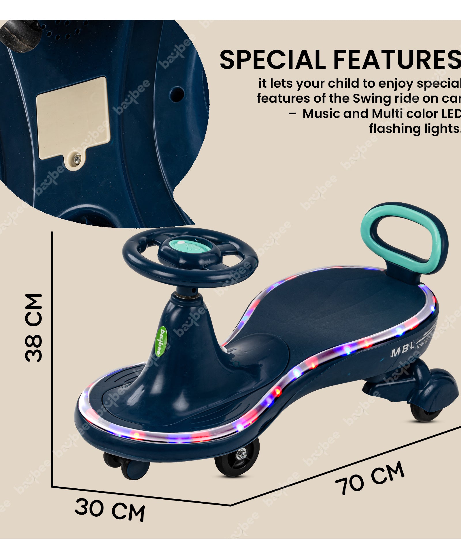 Magic Ride On Swing Cars With PP Wheels & Music - Dark Blue - Image 3