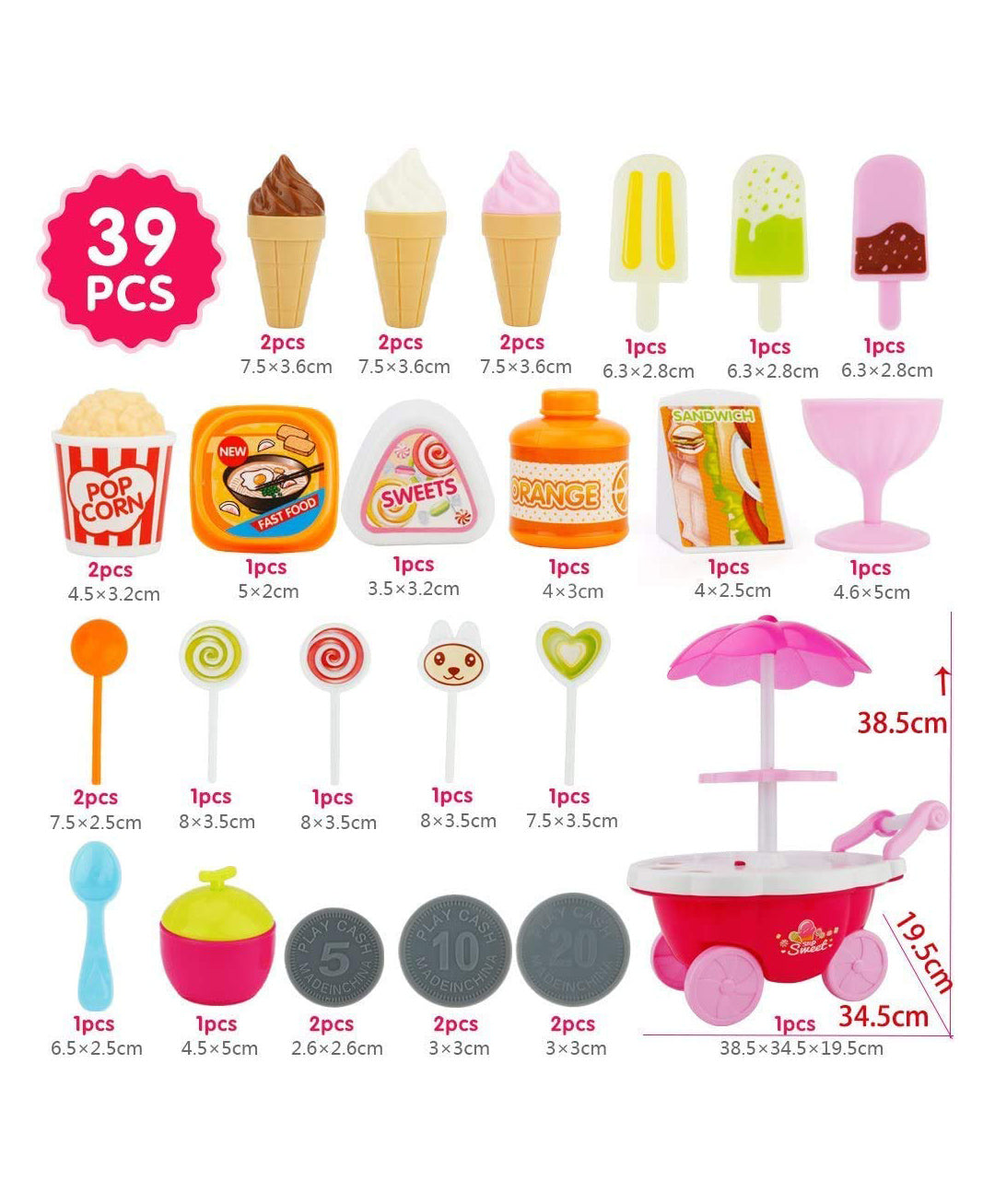 Sweet Ice Cream Cart Pretend Play Toy 39 Pieces - Image 4
