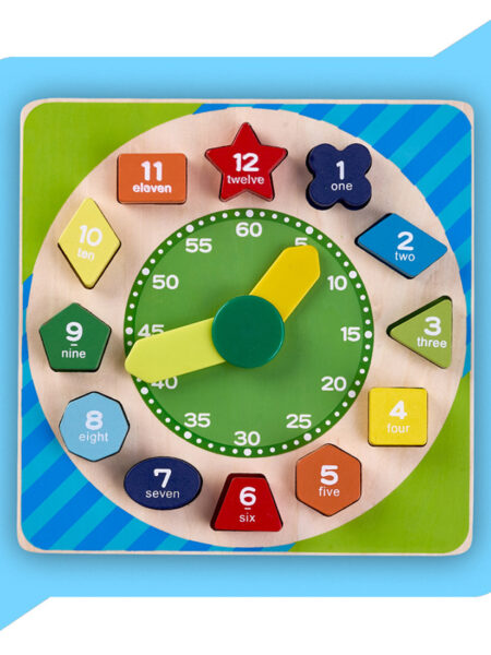 Wooden Learning Educational Clock With Time Shape Color & Number - Multicolor