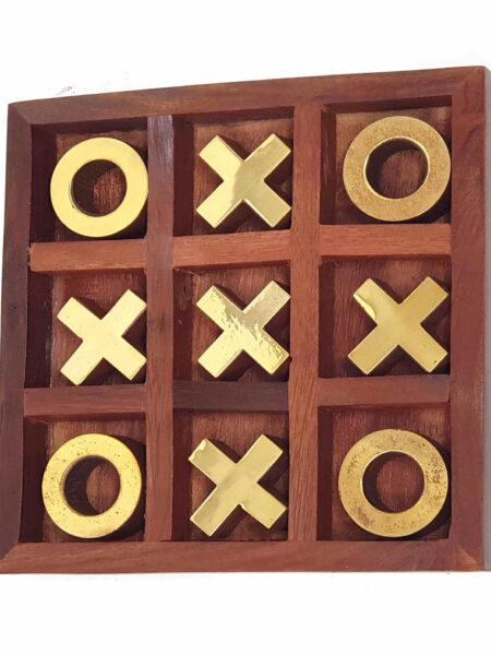 Noughts and Crosses Game Brass Wooden Tic Tac Toe Game - Brown