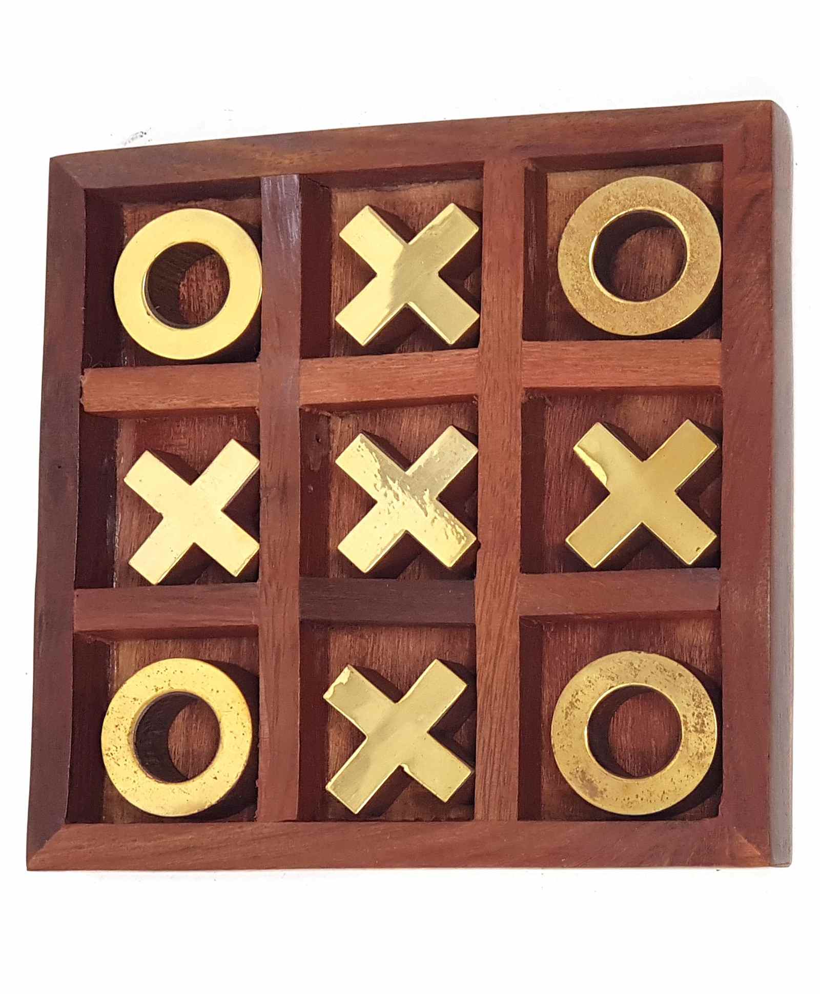 Noughts and Crosses Game Brass Wooden Tic Tac Toe Game - Brown