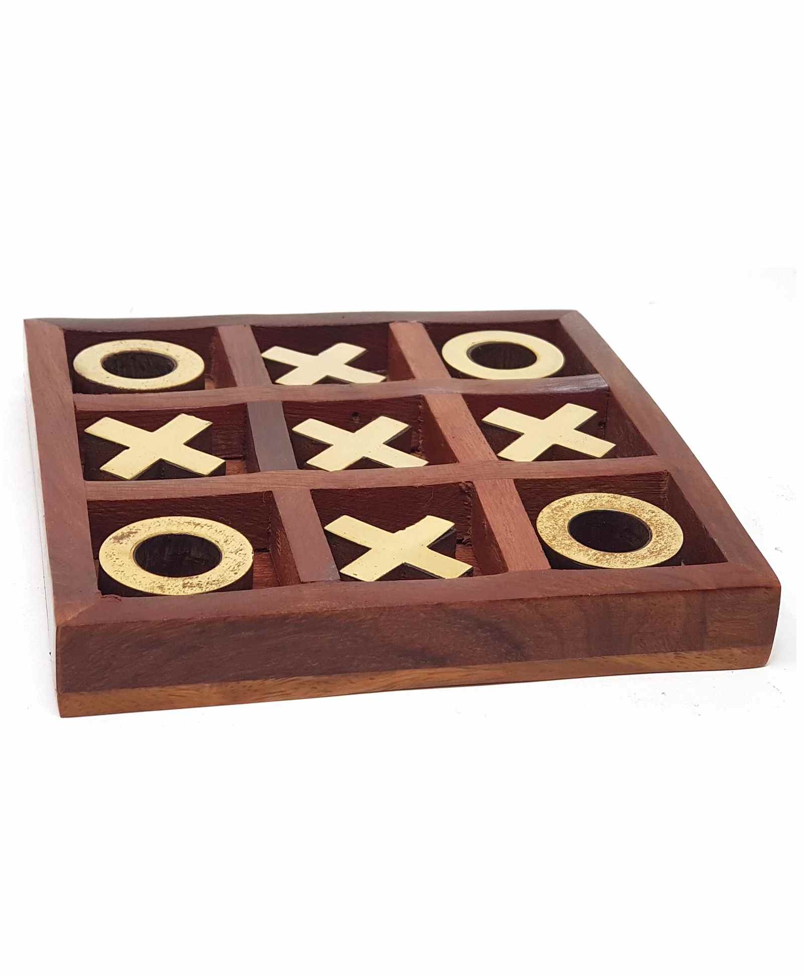 Noughts and Crosses Game Brass Wooden Tic Tac Toe Game - Brown - Image 4