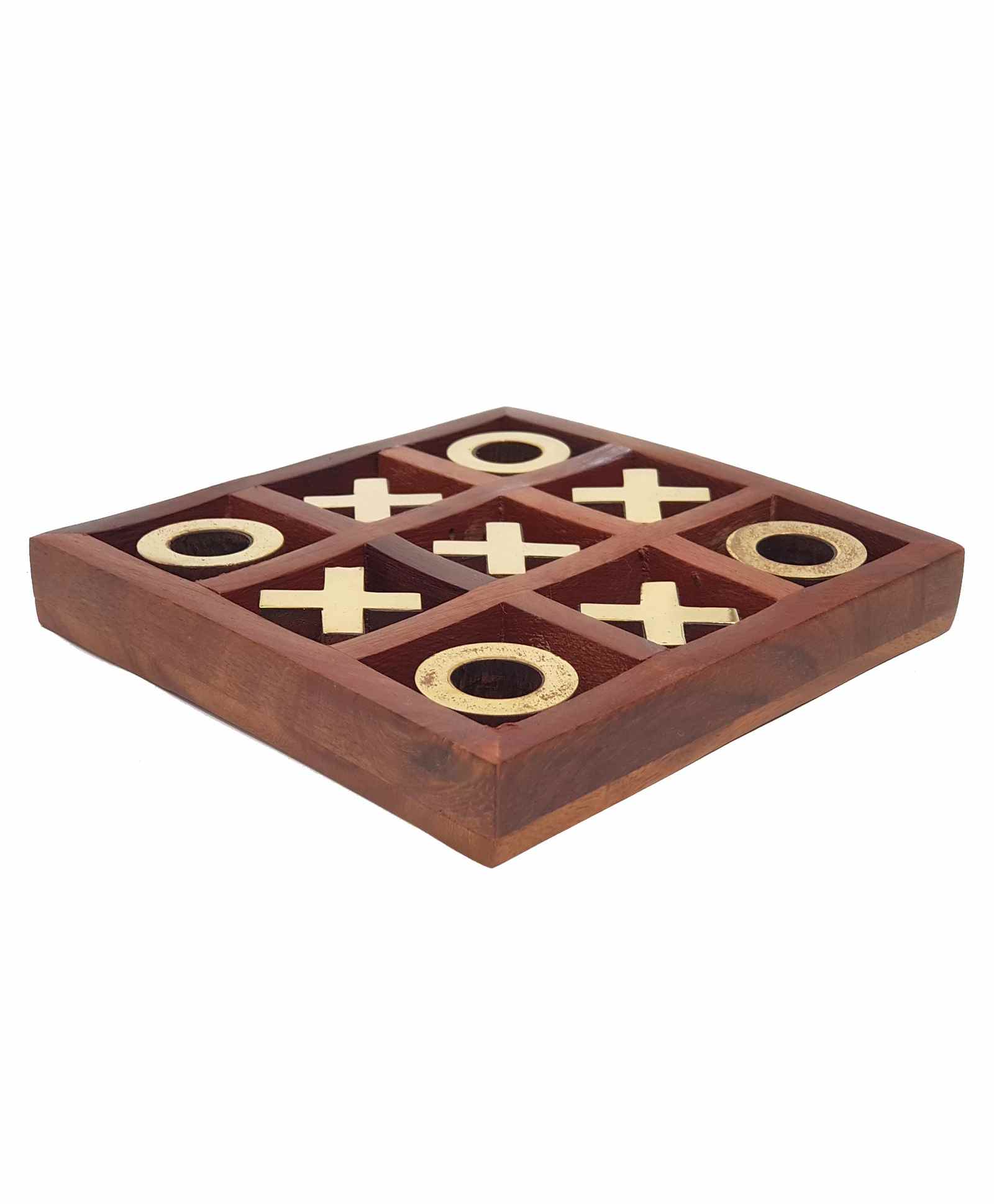Noughts and Crosses Game Brass Wooden Tic Tac Toe Game - Brown - Image 5