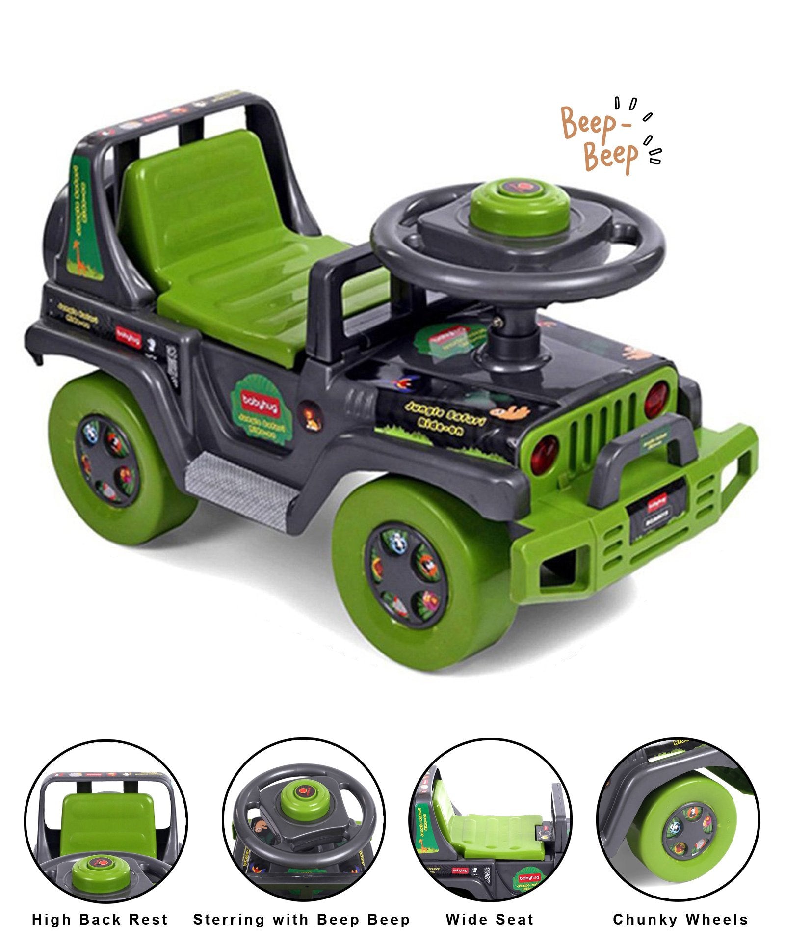 Babyhug Jungle Safari Foot To Floor Ride-On - Grey & Green - Image 2