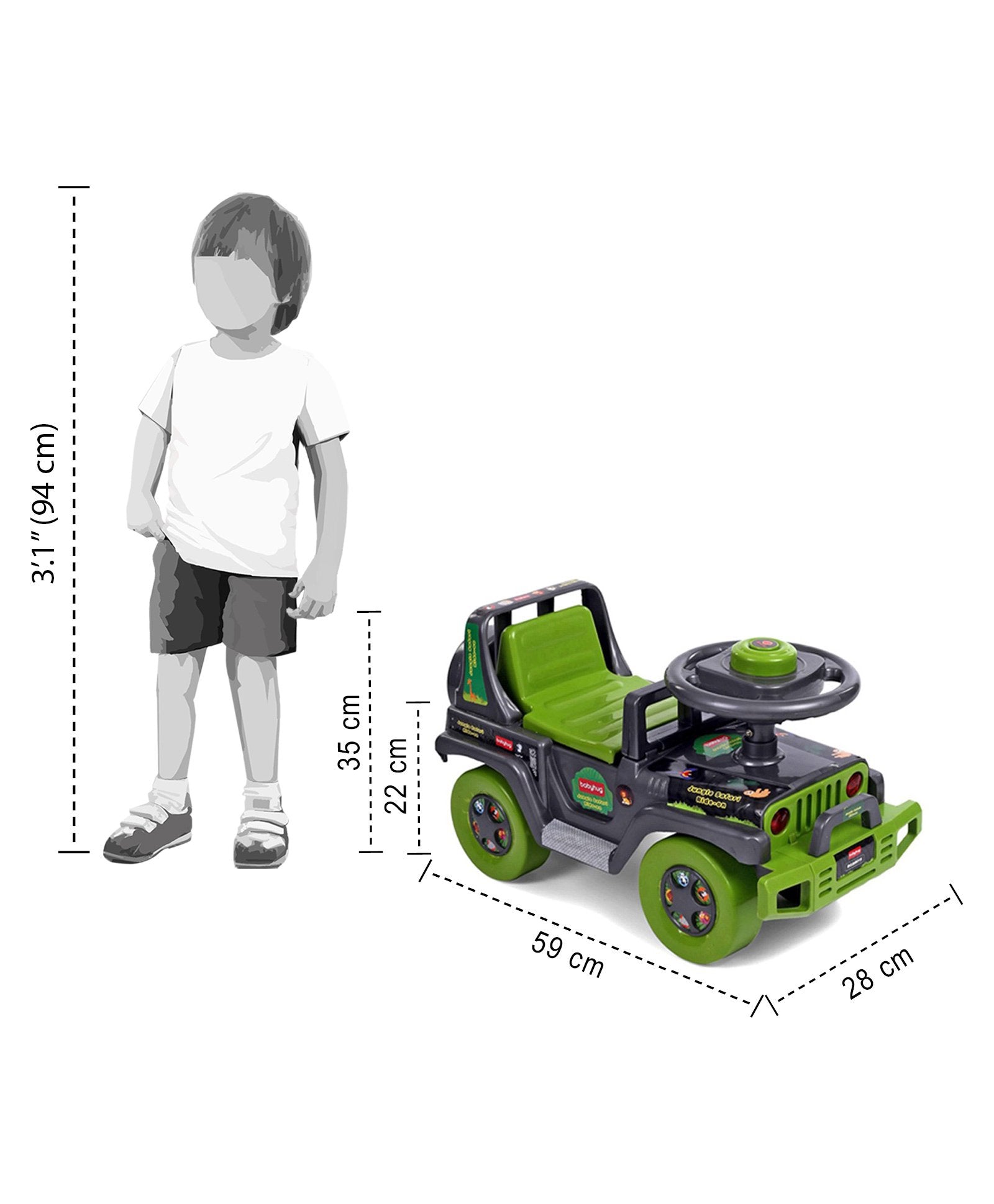 Babyhug Jungle Safari Foot To Floor Ride-On - Grey & Green - Image 3
