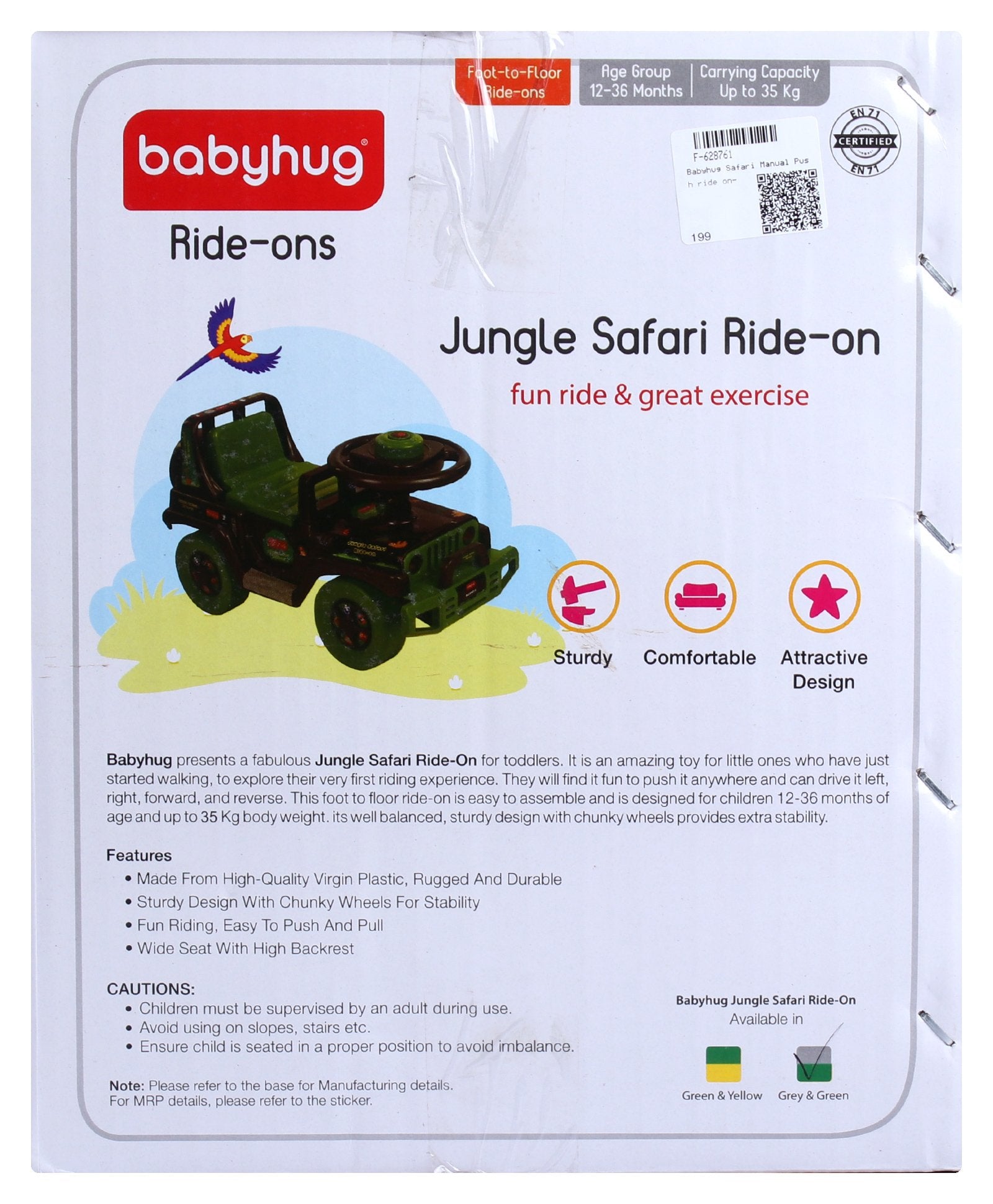 Babyhug Jungle Safari Foot To Floor Ride-On - Grey & Green - Image 11