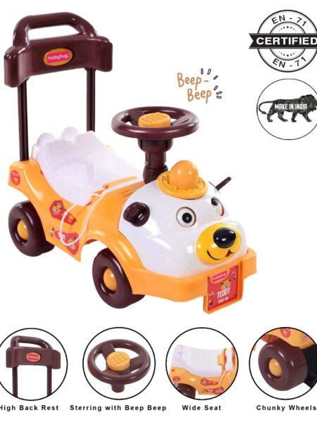 Babyhug Teddy Foot To Floor Ride-On With Steering Wheel & High Backrest - White