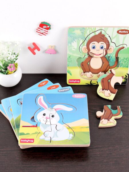 Babyhug Blossoms Wild Animals Wooden Puzzles Set of 5 - 4 Pieces each