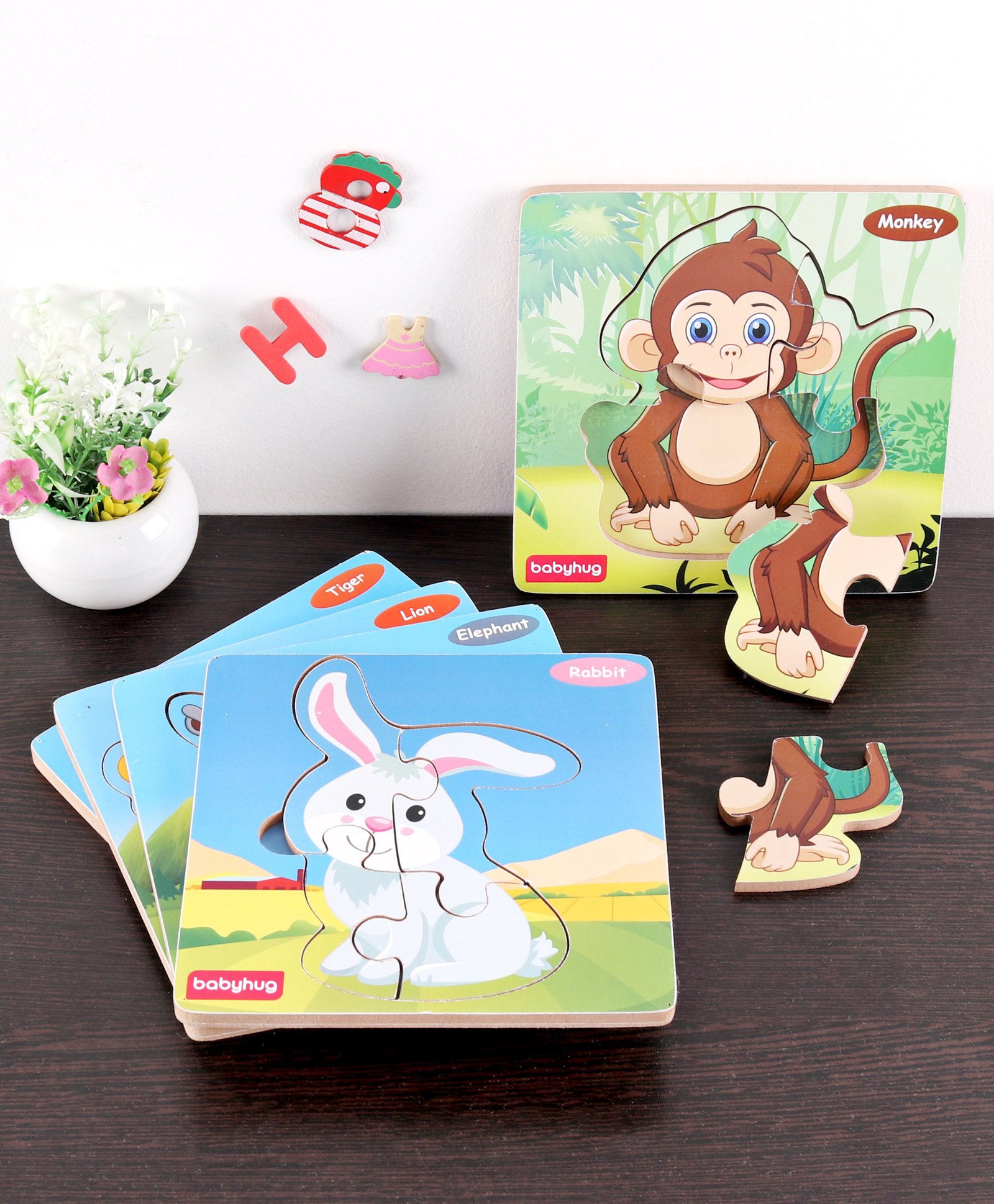 Babyhug Blossoms Wild Animals Wooden Puzzles Set of 5 - 4 Pieces each