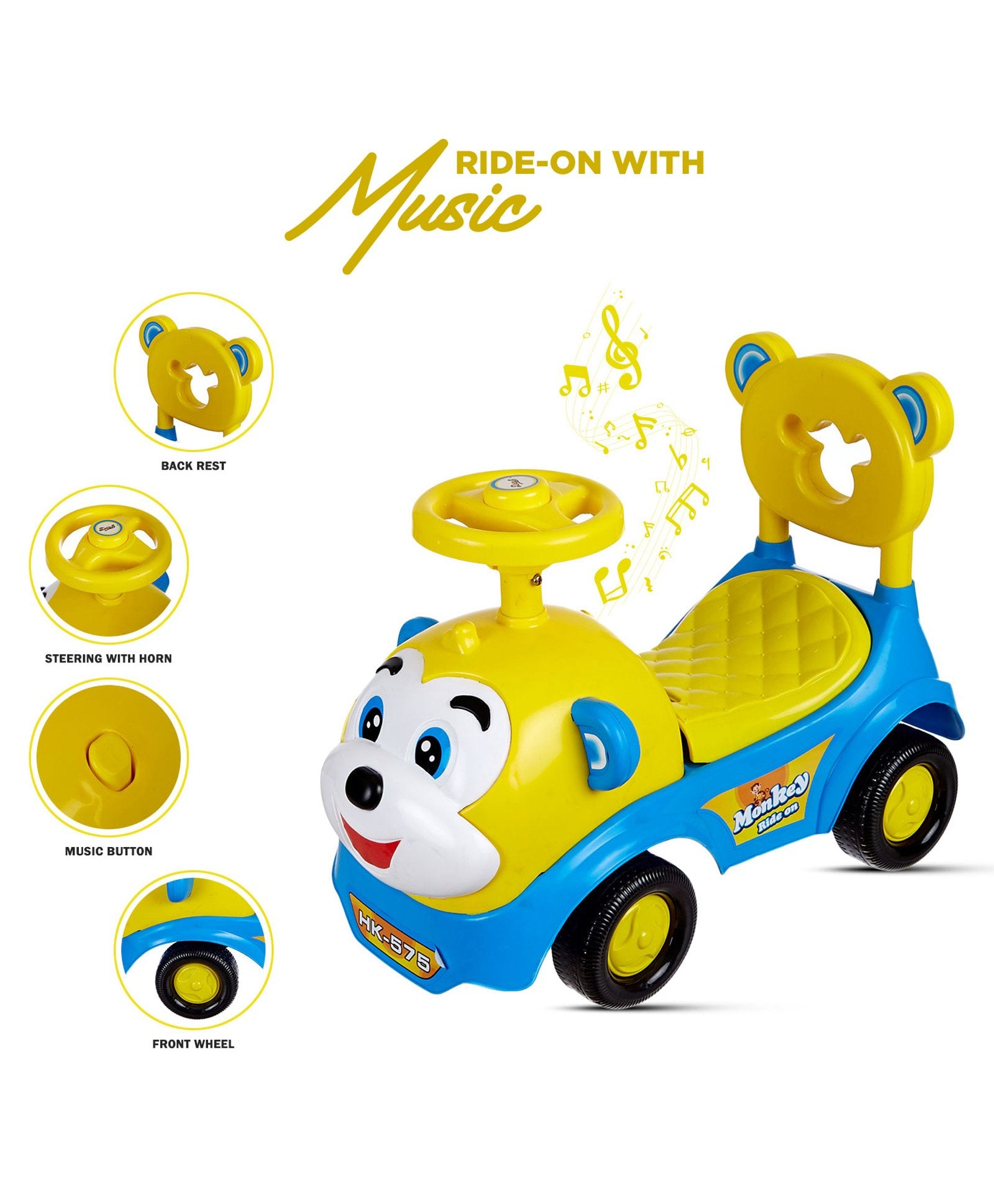 Dash Monkey Face Manual Push Ride On with Horn & Music - Yellow Blue - Image 2