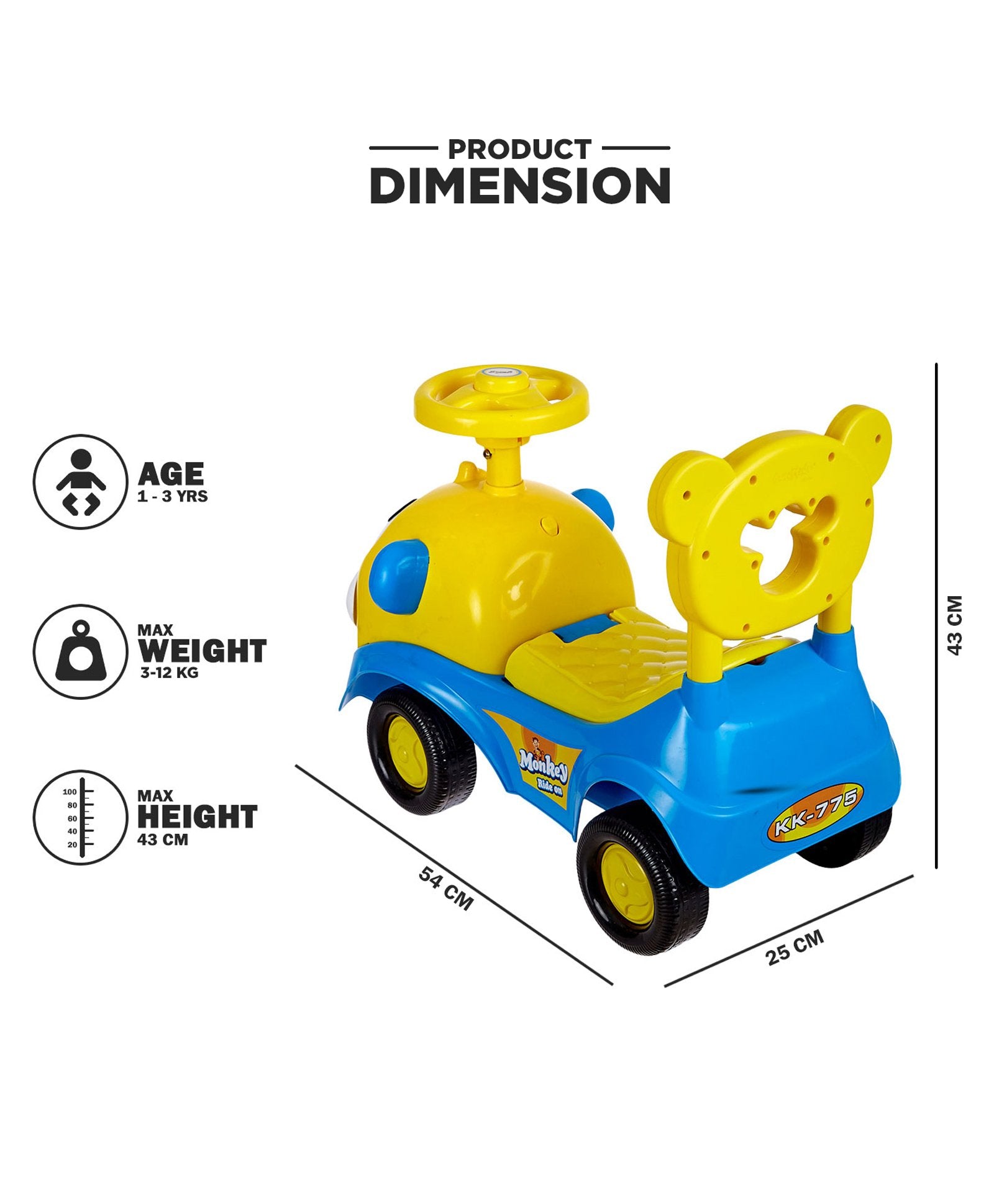 Dash Monkey Face Manual Push Ride On with Horn & Music - Yellow Blue - Image 3