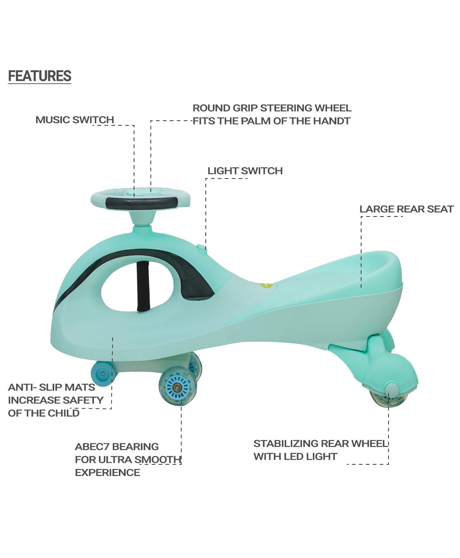 Roadmaster Swing Car With Light and Music - Green - Image 3