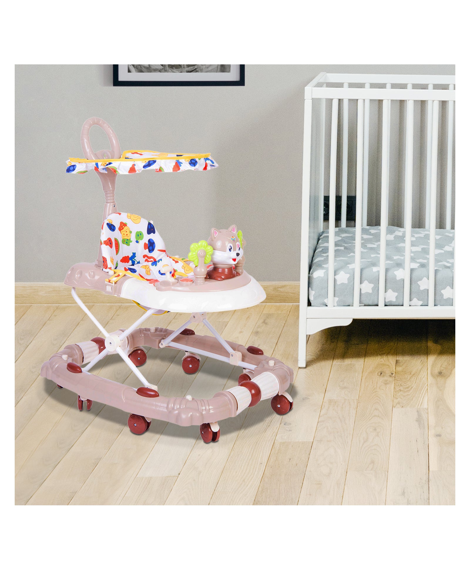Fruit Print 2 in 1 Premium Walker Cum Rocker With Sunshade - Beige
