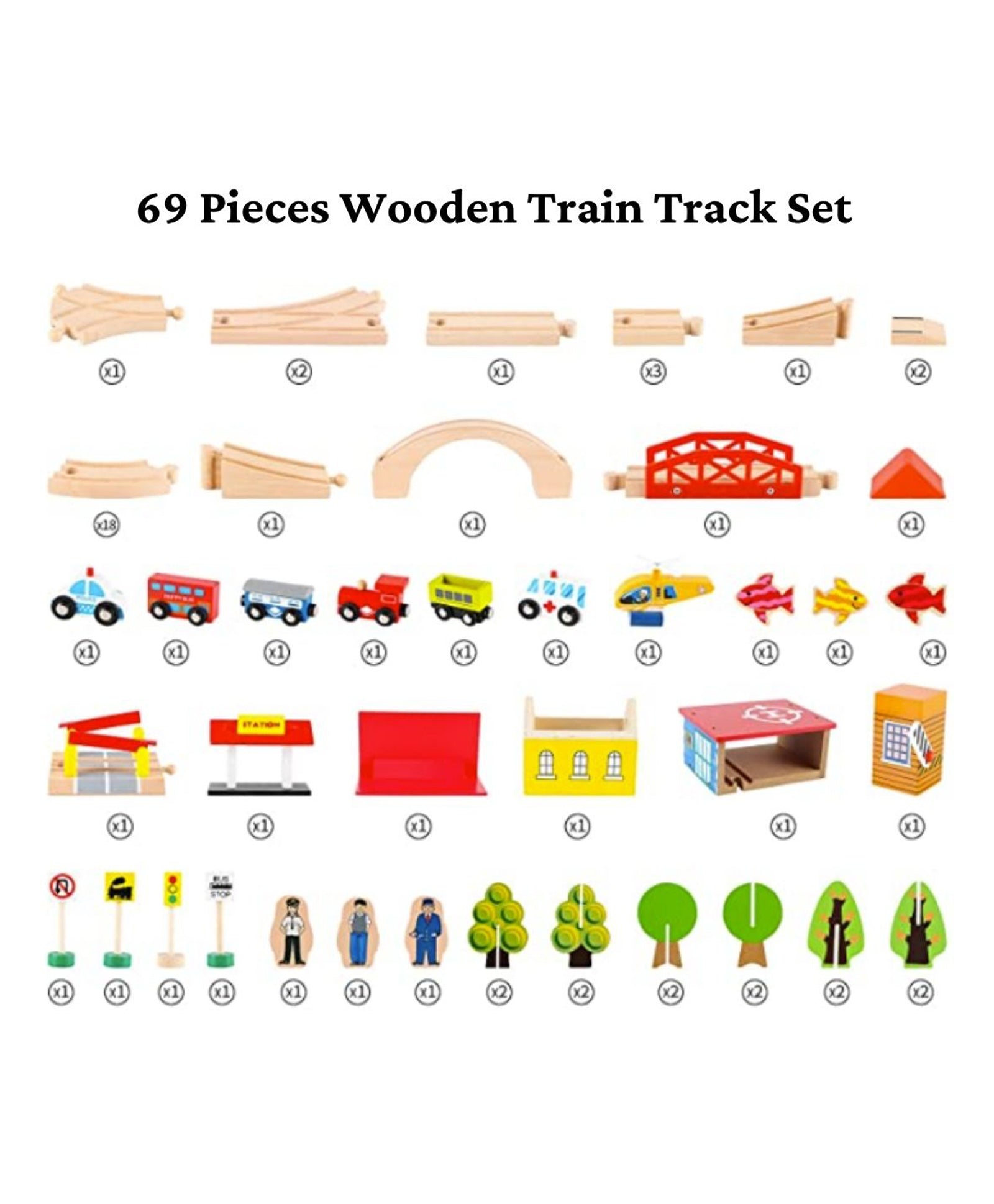 Beech Wood Train Track Set 69 Pieces - Multicolour - Image 3