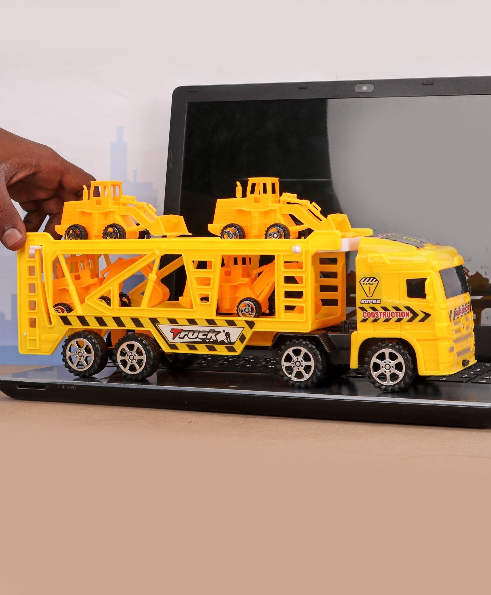 Step Non Battery Friction Truck Along With 4 Pull Back JCB - Yellow - Image 3