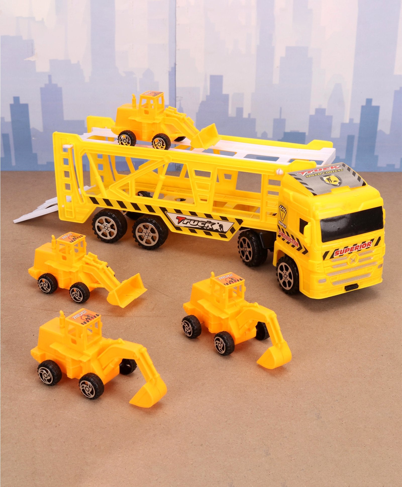 Step Non Battery Friction Truck Along With 4 Pull Back JCB - Yellow - Image 6